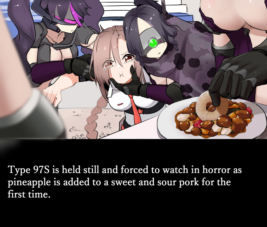 5girls, absurdres, braid, brown_eyes, brown_hair, crimes_against_food, english_text, food