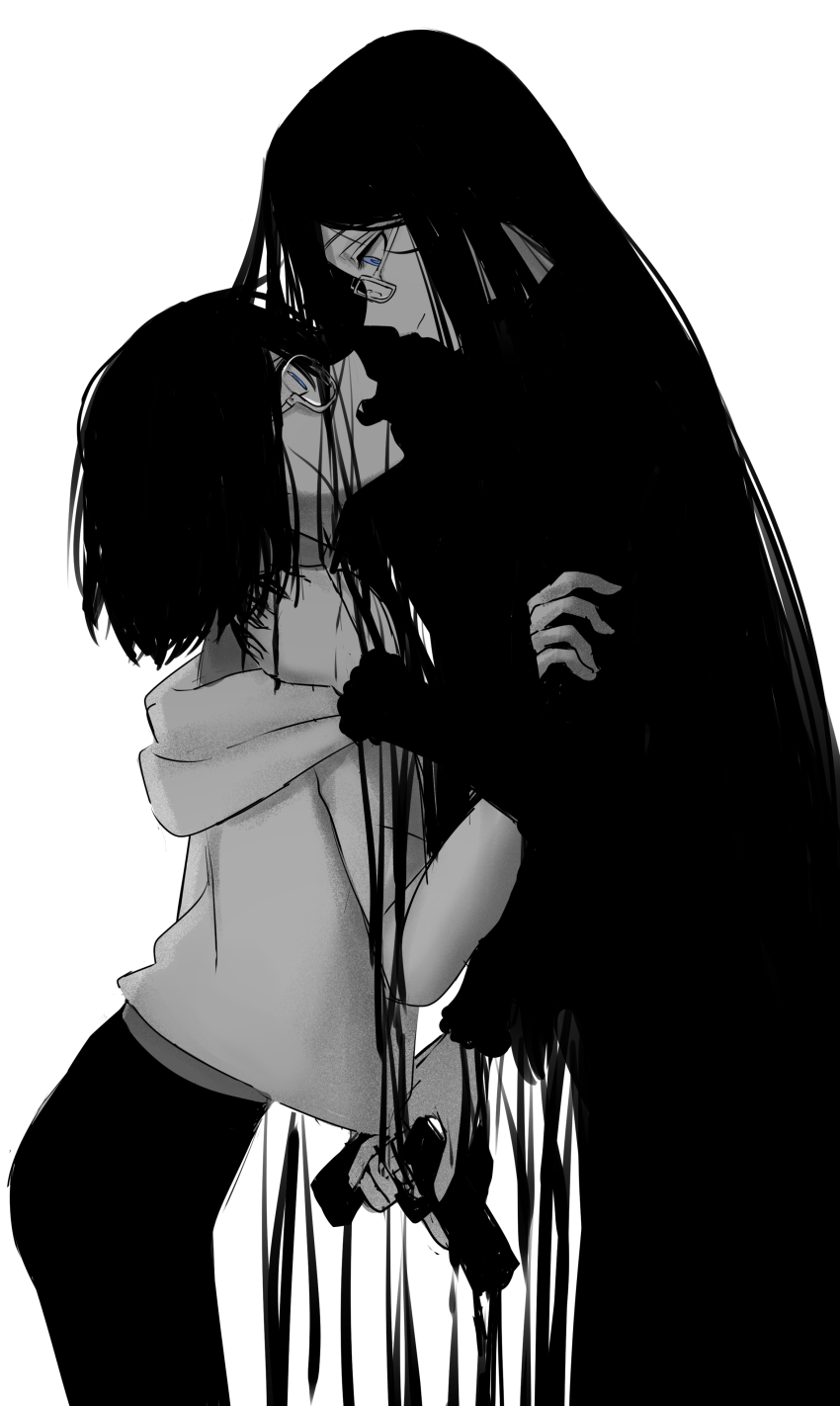 2girls, absurdres, black_hair, blue_eyes, glasses, greyscale, gun, highres