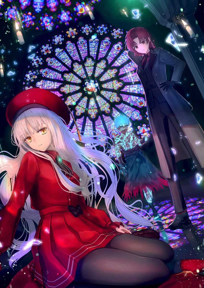 1boy, 2girls, angra_mainyu_(fate), angra_mainyu_(third_ascension)_(fate), aomaru_(shta-chu-jisuiai), bazett_fraga_mcremitz, black_gloves, black_legwear, black_necktie, black_suit, blue_eyes, blue_hair, buttons, candle, caren_hortensia, caren_hortensia_(amor_caren)_(second_ascension), closed_mouth, commentary_request, dress, fate/grand_order, fate/hollow_ataraxia, fate_(series), formal_clothes, full-body_tattoo, gloves, glowing, glowing_tattoo, hand_on_own_hip, hat, highres, light_particles, long_hair, looking_at_viewer, manannan_mac_lir_(first_ascension)_(fate), mixed-language_commentary, mole, mole_under_eye, multiple_girls, necktie, pantyhose, parted_bangs, pointy_hair, purple_eyes, purple_hair, purple_shirt, red_dress, red_headwear, serious, shirt, short_hair, sitting, skirt, smile, stained_glass, suit, tattoo, topless_male, white_hair, yellow_eyes, yokozuwari