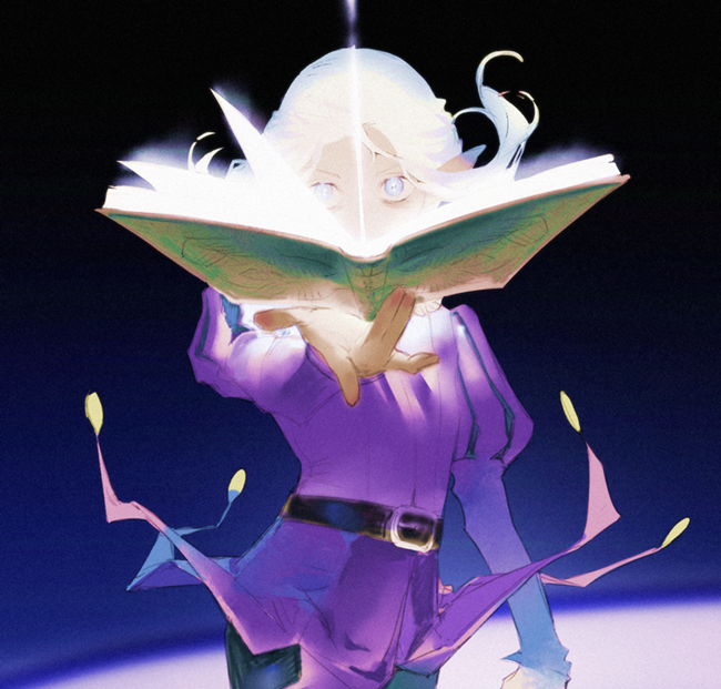 1boy, arm_at_side, belt, blue_eyes, book, coin_(ornament), covered_mouth, cowboy_shot