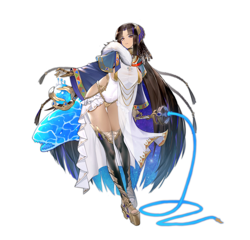 1girl, ancient_egyptian_clothes, anuket_(ark_order), ark_order, armlet, bandaged_leg, bandages, black_hair