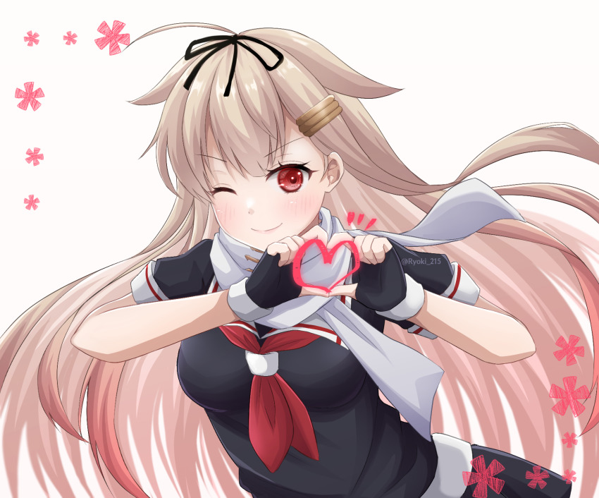 black_gloves, black_ribbon, black_skirt, blonde_hair, cowboy_shot, eyelashes, fingerless_gloves, flower_symbol