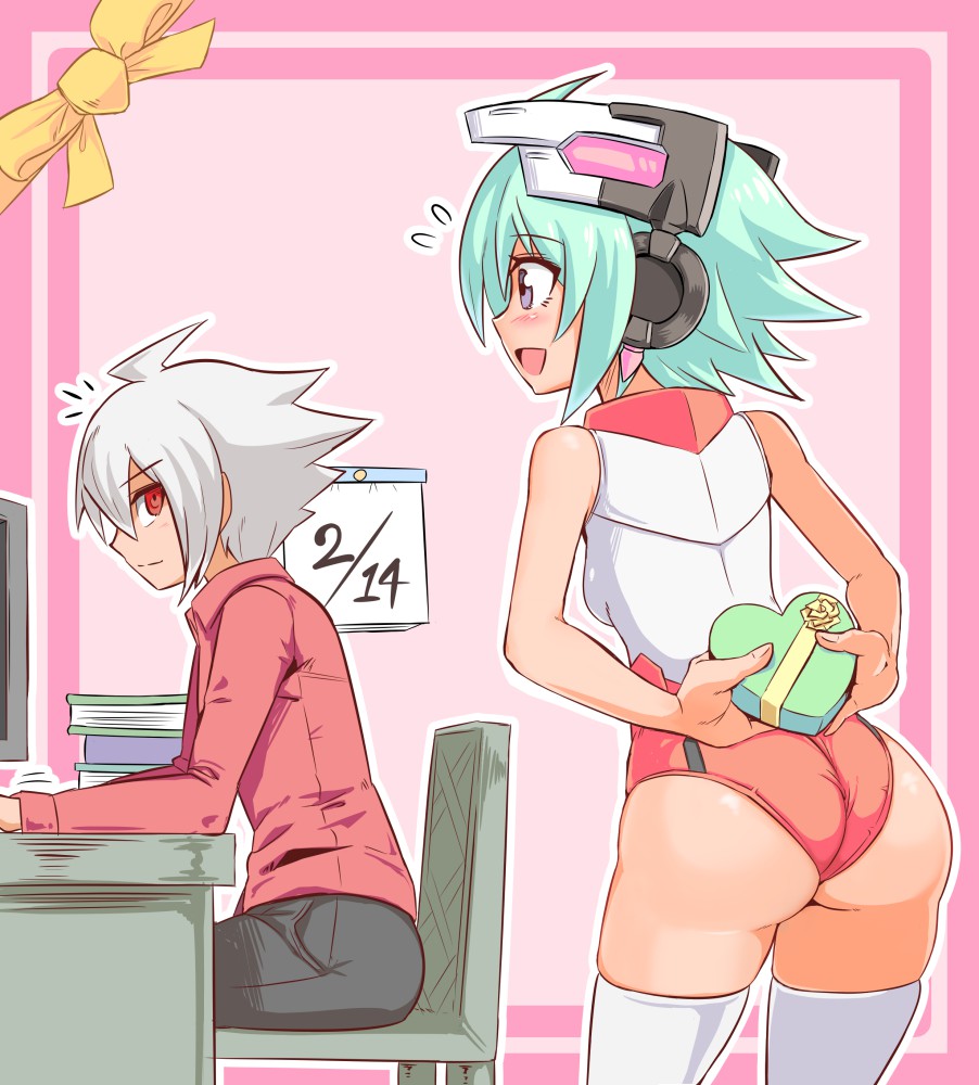 1boy, 1girl, acura_(gunvolt), ahoge, arms_behind_back, ass, azure_striker_gunvolt, azure_striker_gunvolt_2