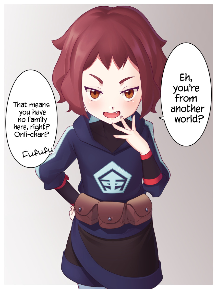 1girl, bag, black_skirt, blue_jacket, blush, border, brown_bag, brown_eyes, calens_(pokemon), commentary_request, cowboy_shot, diamond_clan_outfit, english_text, eyelashes, fang, gazing_eye, grey_background, hand_on_own_hip, hand_up, highres, jacket, looking_at_viewer, nintendo, open_mouth, pokemon, pokemon_legends:_arceus, red_hair, short_hair, skirt, solo, speech_bubble, spread_fingers, standing, tongue, white_border