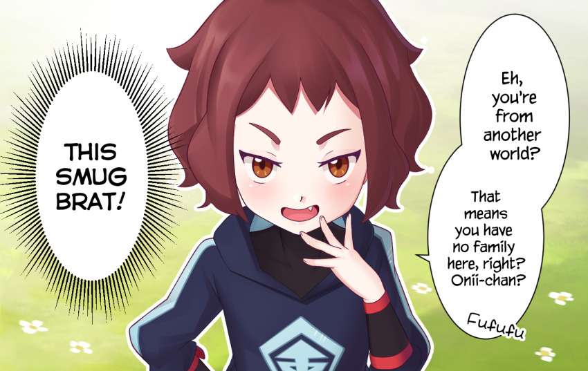 1girl, blue_jacket, blush, brown_eyes, calens_(pokemon), commentary_request, day, english_text, eyelashes, fang, flower, gazing_eye, grass, hand_on_own_hip, hand_up, jacket, long_sleeves, looking_at_viewer, nintendo, open_mouth, outdoors, pokemon, pokemon_legends:_arceus, red_hair, short_hair, solo, speech_bubble, spread_fingers, standing, tongue, upper_body, white_flower