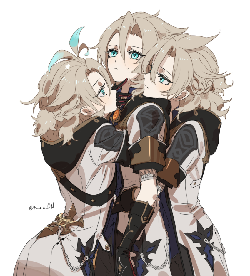 3boys, albedo_(genshin_impact), androgynous, aqua_eyes, black_gloves, blush, boy_sandwich, clone