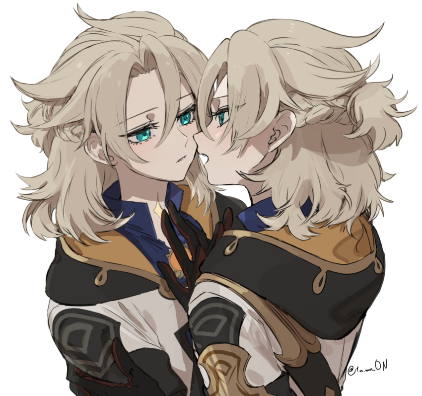 2boys, albedo_(genshin_impact), androgynous, aqua_eyes, blue_shirt, clone, dual_persona, eye_contact