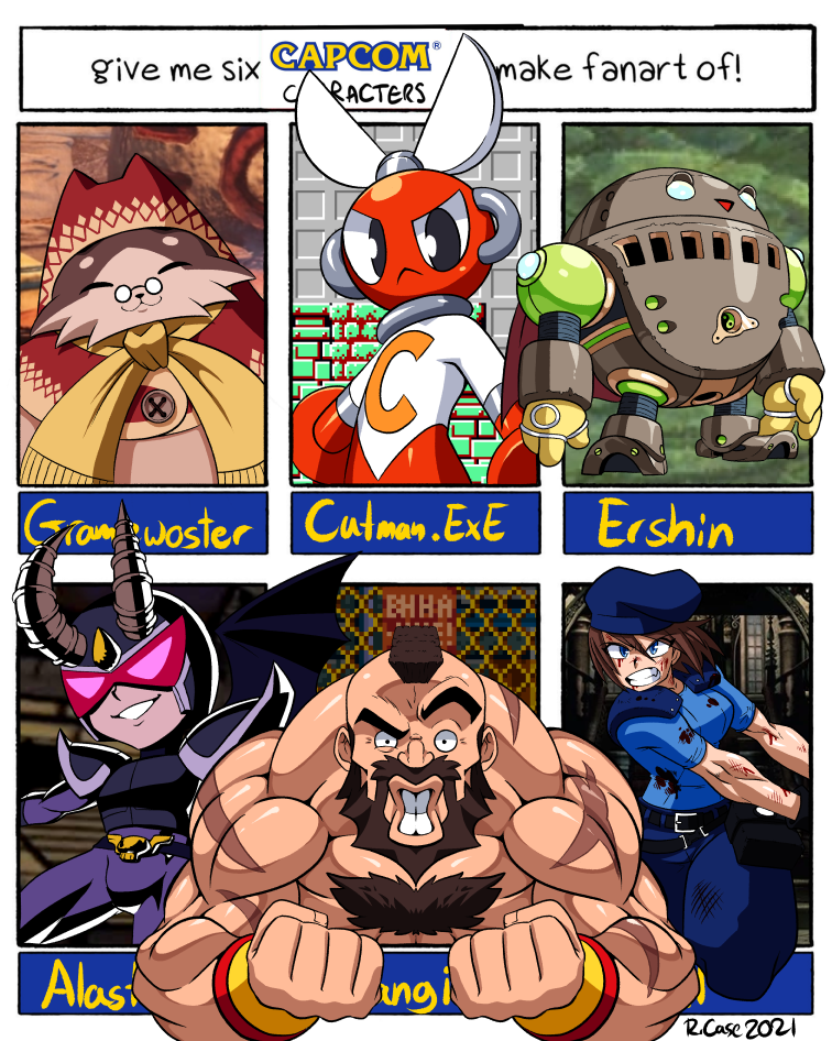 alastor_(viewtiful_joe), animal_hood, beard, beret, biceps, bleeding, blood, breath_of_fire, breath_of_fire_iv, capcom, cat_hood, character_name, clenched_teeth, company_connection, cutman.exe, ershin, facial_hair, flexing, glasses, grammeowster_chef, hat, helmet, hood, horns, jill_valentine, long_hair, mega_man_(series), mega_man_battle_network, mega_man_battle_network_(series), mohawk, monster_hunter:_world, monster_hunter_(series), multiple_drawing_challenge, muscular, muscular_male, outside_border, rcasedrawsstuff, resident_evil, resident_evil_1, robot, six_fanarts_challenge, smile, street_fighter, street_fighter_ii_(series), teeth, viewtiful_joe, wristband, zangief