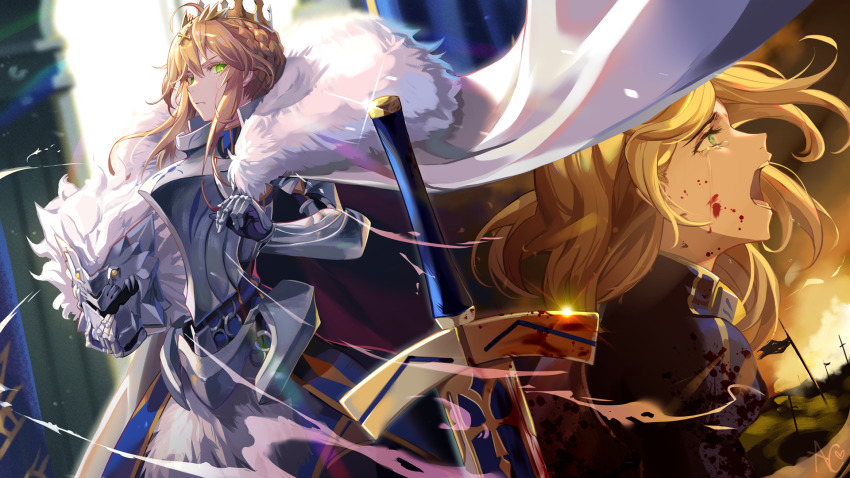 1girl, armor, armored_dress, artoria_pendragon_(fate), artoria_pendragon_(lancer)_(fate), artoria_pendragon_(lancer)_(first_ascension)_(fate), blonde_hair, blood