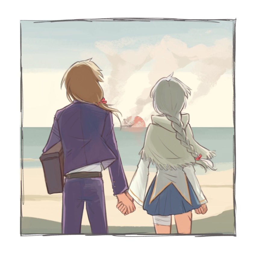 1boy, 1girl, back, blonde_hair, blue_sky, border, braid, braided_ponytail