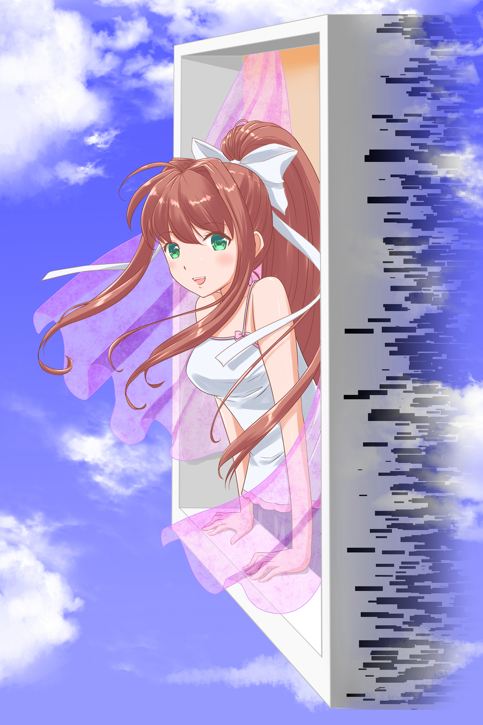 1girl, blouse, bow, brown_hair, doki_doki_literature_club, green_eyes, hair_bow, highres, hosobozo_(user_jtzh8832), leaning_forward, long_hair, monika_(doki_doki_literature_club), ponytail, shirt, solo, white_bow, white_shirt, window