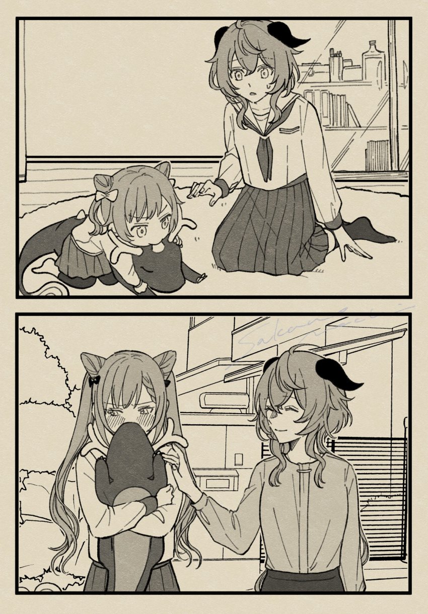 2girls, age_progression, aged_down, alternate_costume, blush, bow, child, double_bun