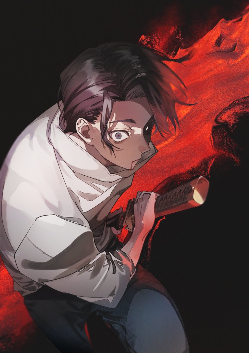 1boy, black_background, black_eyes, black_hair, black_pants, blood, blood_from_mouth, closed_mouth