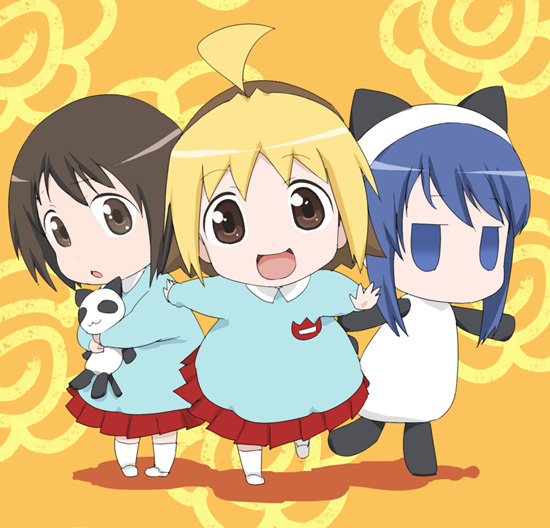 3girls, ahoge, animal_costume, animal_hood, anzu_(hanamaru_youchien), blue_hair, brown_hair, cat_hood
