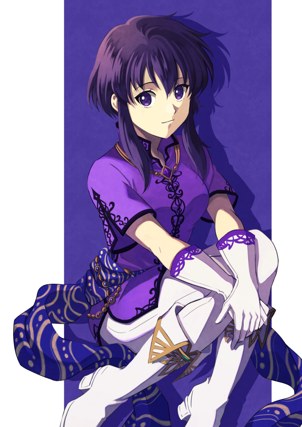 1girl, bad_id, bad_pixiv_id, black_hair, boots, commission, elbow_gloves, fe17q9, fire_emblem, fire_emblem:_genealogy_of_the_holy_war, gloves, larcei_(fire_emblem), looking_at_viewer, nintendo, pants, purple_eyes, purple_shirt, shirt, simple_background, skeb_commission, smile, solo, white_boots, white_gloves, white_pants