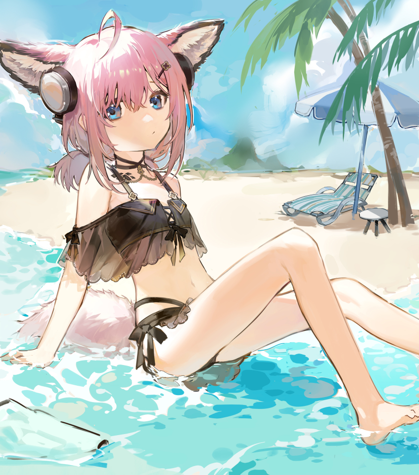 1girl, absurdres, ahoge, animal_ear_fluff, animal_ears, arknights, arm_support, auuuie, bare_legs, bare_shoulders, barefoot, beach, beach_umbrella, behind-the-head_headphones, bikini, black_bikini, blue_eyes, chair, closed_mouth, commentary, day, eyebrows_hidden_by_hair, feet_out_of_frame, fox_ears, fox_girl, fox_tail, hair_between_eyes, hair_ornament, hairclip, headphones, highres, knees_up, long_hair, lounge_chair, low_twintails, material_growth, official_alternate_costume, oripathy_lesion_(arknights), palm_tree, pink_hair, sand, shallow_water, sitting, solo, sussurro_(arknights), sussurro_(summer_flower)_(arknights), swimsuit, tail, tree, twintails, umbrella, water