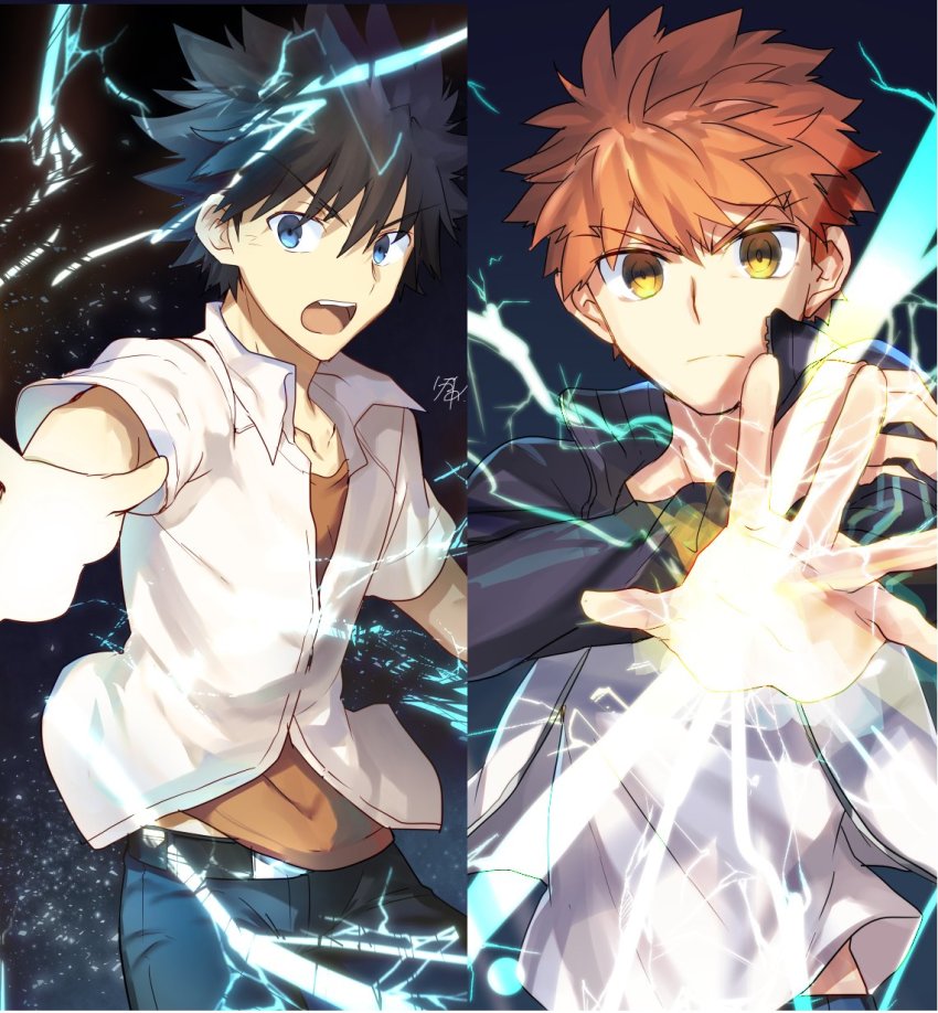 2boys, :d, angry, belt, black_hair, black_pants, blue_eyes, closed_mouth, commentary_request, crossover, emiya_shirou, fate/stay_night, fate_(series), hair_between_eyes, highres, imagine_breaker, kamijou_touma, long_sleeves, multiple_boys, nikame, open_mouth, orange_hair, orange_shirt, pants, raglan_sleeves, school_uniform, shirt, short_hair, signature, smile, spiked_hair, teeth, toaru_majutsu_no_index, upper_body, white_shirt