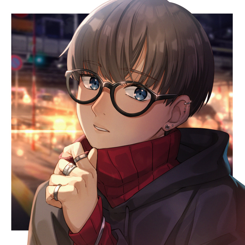 1boy, black-framed_eyewear, black_hoodie, blue_eyes, blurry, blurry_background, brown_hair, collar_tug