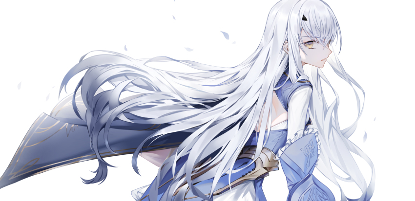 1girl, backless_dress, backless_outfit, blue_dress, brown_eyes, dress, fate/grand_order, fate_(series), flower, frills, gloves, gradient_hair, highres, holding, holding_behind_back, long_hair, long_sleeves, looking_at_viewer, melusine_(fate), melusine_(second_ascension)_(fate), multicolored_hair, petals, sidelocks, simple_background, solo, to0folder80, upper_body, white_background, white_dress, white_flower, white_hair