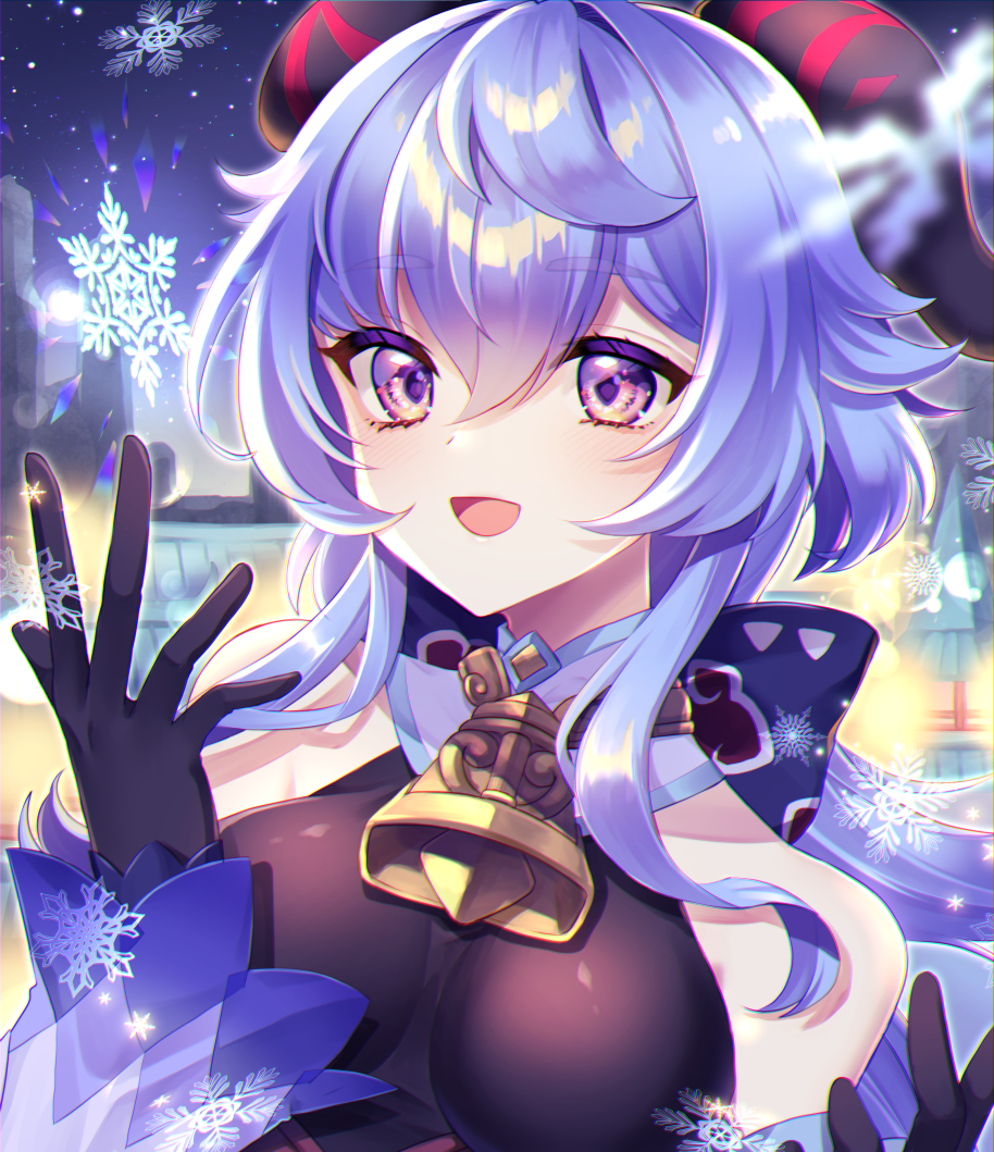 1girl, bare_shoulders, bell, black_gloves, blue_hair, breasts, detached_sleeves, ewokaku335