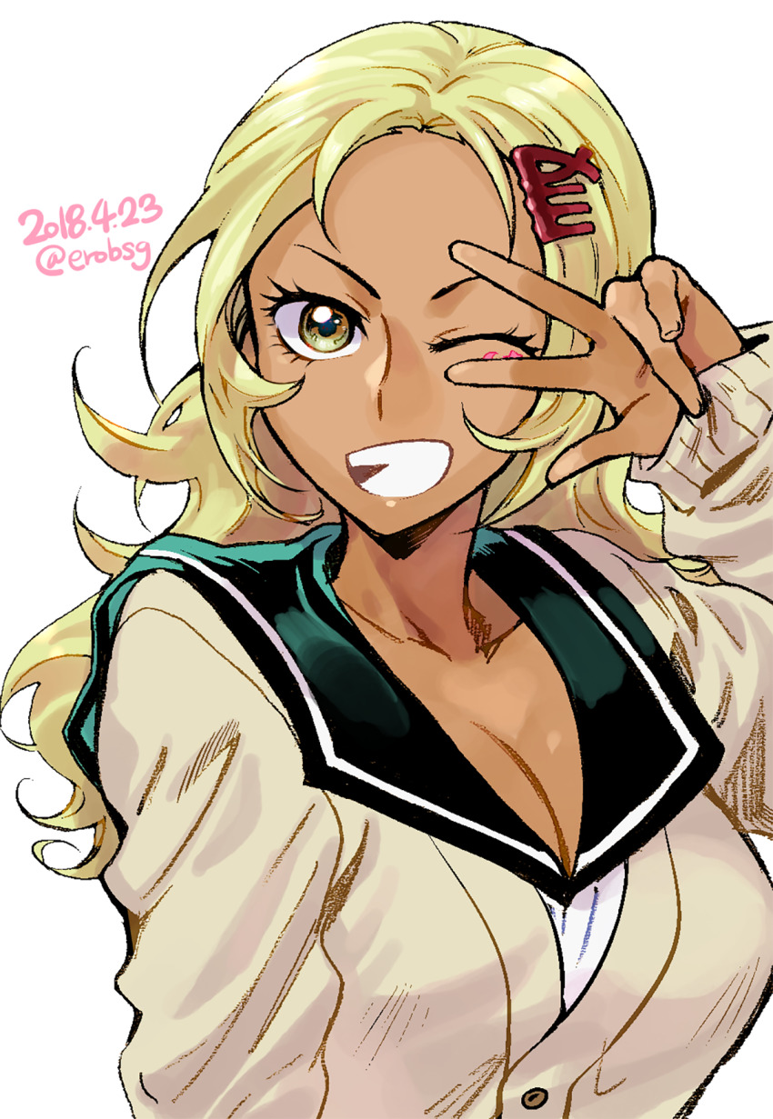 1girl, aiura_mikoto, bae_(baebae), blonde_hair, blush, breasts, cleavage, dark-skinned_female