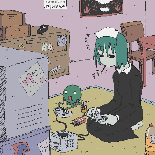 1girl, chair, female_focus, food, futaba_channel, game_console, gamecube, indoors, iya_maid, lowres, maid, marimo, neji_(futaba), oekaki, on_floor, open_mouth, playing_games, playing_video_games, pocky, seiza, sitting, solo, table, television, video_game