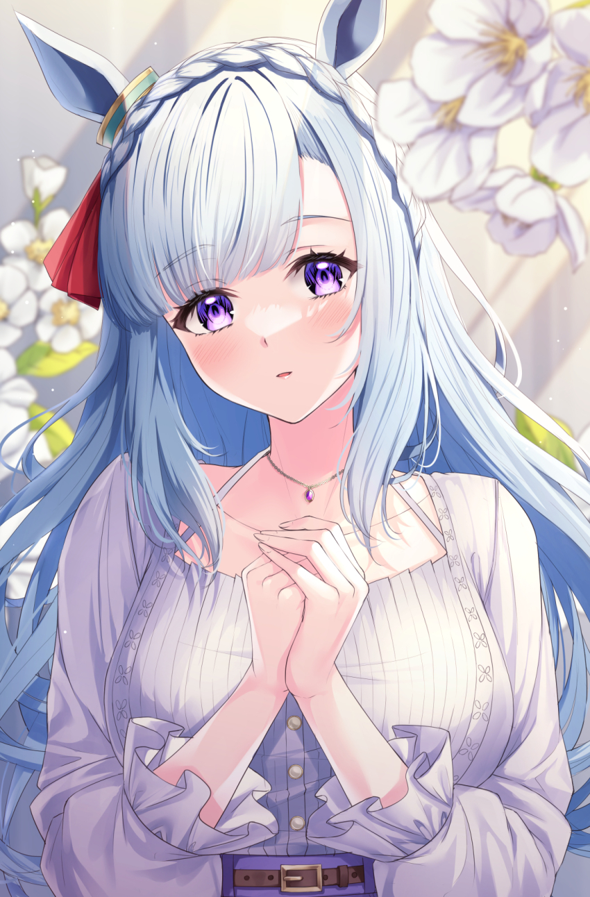 animal_ears, belt, blue_hair, blush, breasts, casual, collarbone, commentary_request