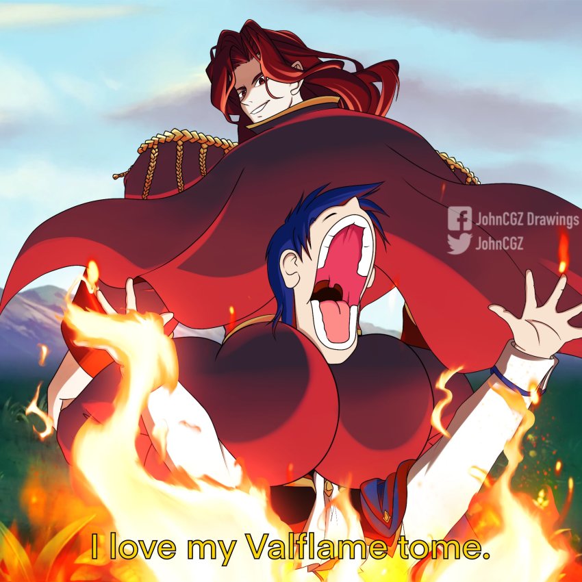 2boys, arvis_(fire_emblem), ass, blue_hair, blue_sky, broly_culo_(meme), cape, cloud, day, english_text, epaulettes, fire_emblem, fire_emblem:_genealogy_of_the_holy_war, from_behind, grin, highres, jacket, johncgz, long_hair, long_sleeves, looking_at_viewer, looking_back, male_focus, meme, multiple_boys, nintendo, outdoors, red_cape, red_eyes, red_hair, sigurd_(fire_emblem), sky, smile, upper_body, white_jacket