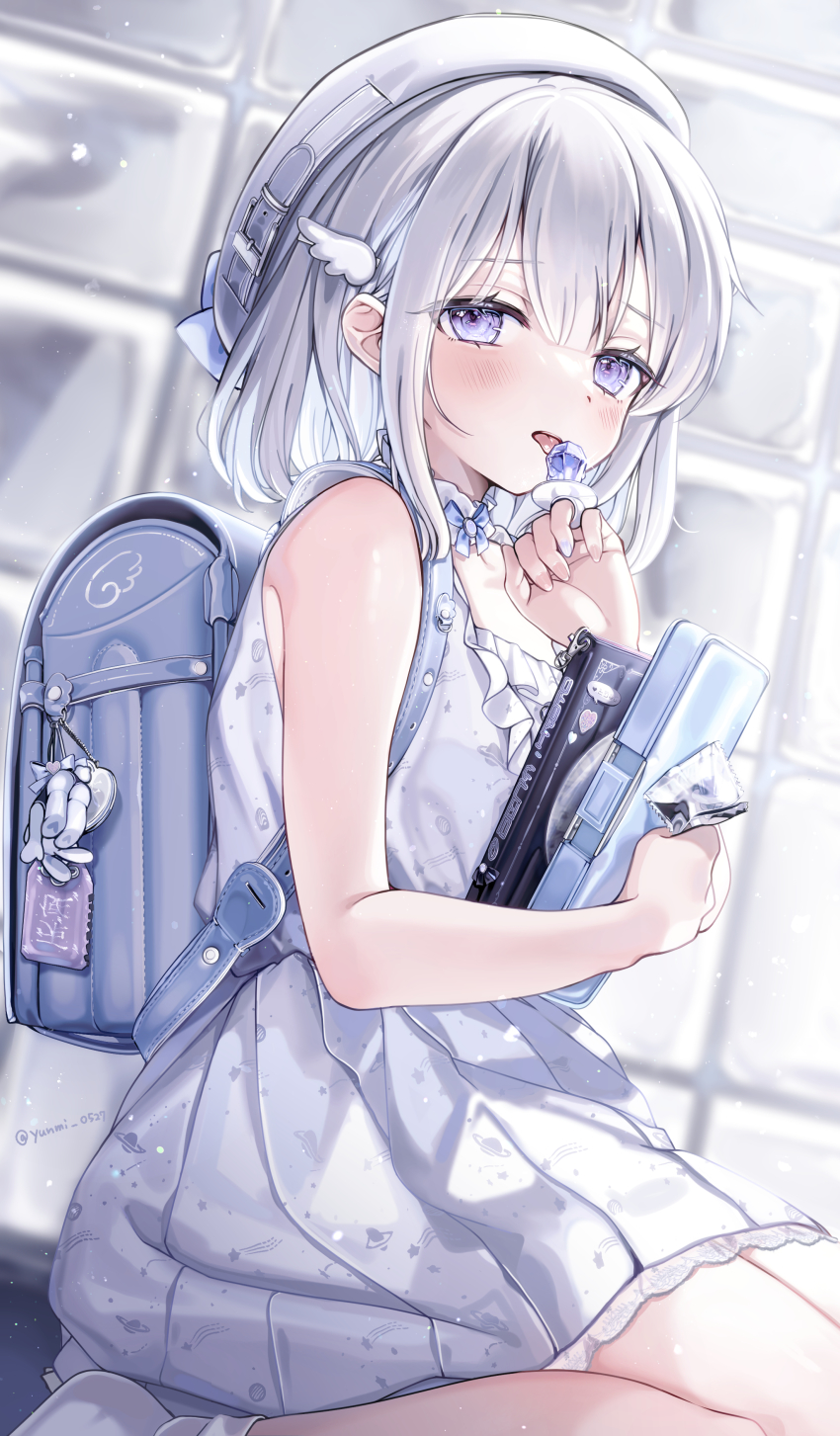 1girl, absurdres, backpack, bag, bag_charm, bare_arms, blue_nails, blush