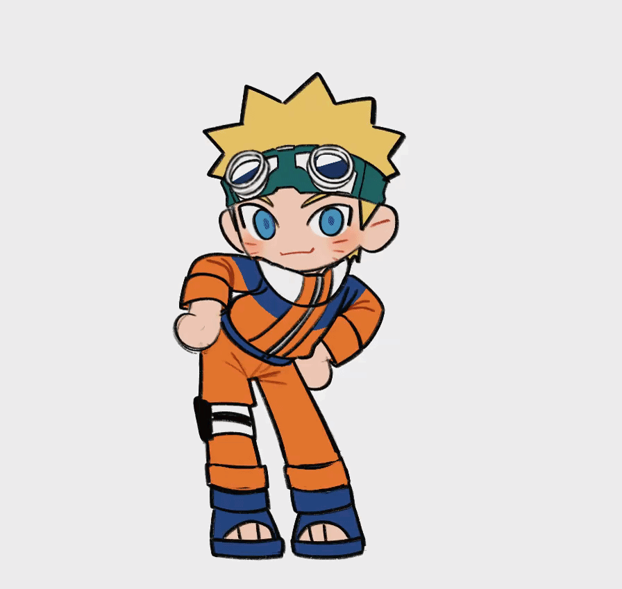 1boy, animated, animated_gif, blonde_hair, blue_eyes, dancing, hands_on_own_hips, jumpsuit, looking_at_viewer, male_focus, naruto_(classic), naruto_(series), orange_jumpsuit, simple_background, solo, uzumaki_naruto, white_background, winteamelon