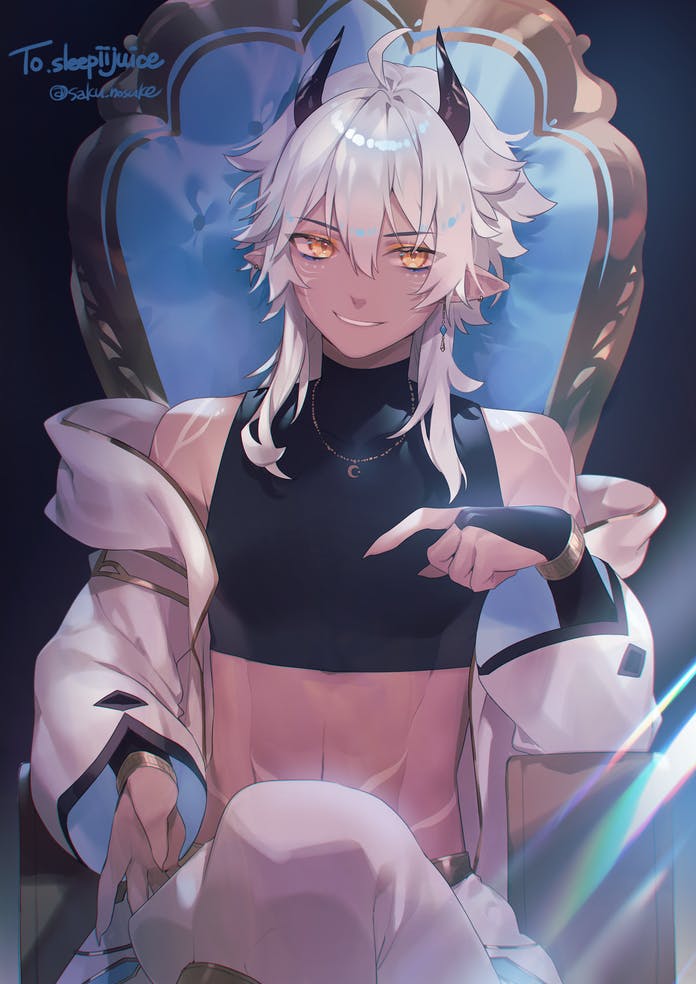 1boy, commission, crop_top, dark_skin, demon_boy, demon_horns, elf, horns, indie_virtual_youtuber, looking_at_viewer, marking_on_cheek, midriff, navel, on_throne, pointy_ears, saku_nosuke, sitting, skeb_commission, sleepiijuice, sleeveless, solo, tattoo, throne, virtual_youtuber, white_hair, yellow_eyes