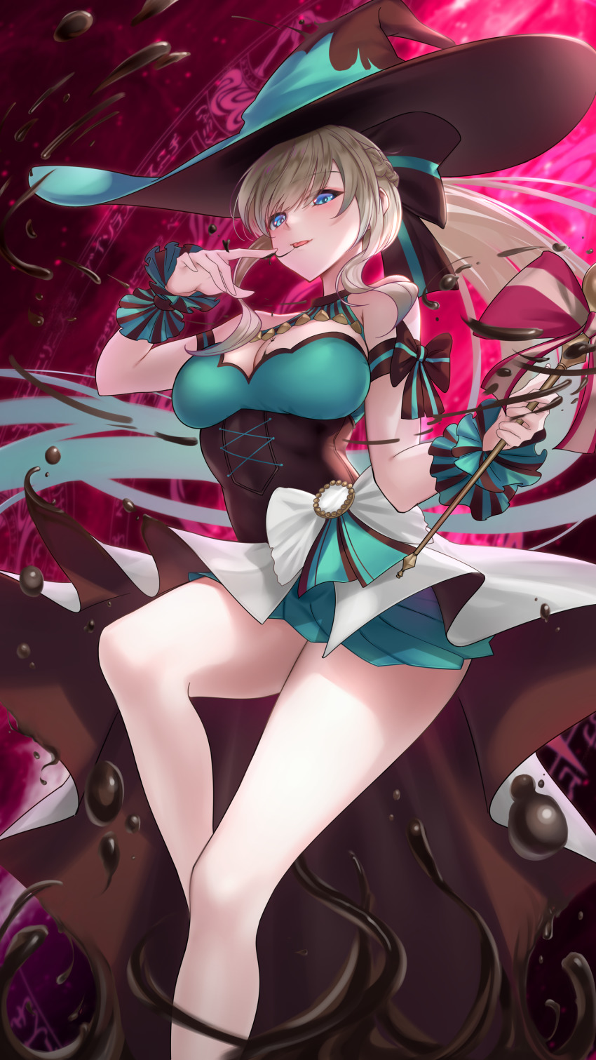 1girl, absurdres, alternate_costume, black_bow, blonde_hair, blue_eyes, blush, bow, breasts, chocolate, cleavage, commentary, corset, english_commentary, fate/grand_order, fate_(series), finger_to_mouth, hair_bow, hat, highres, large_breasts, long_hair, magic_circle, miniskirt, mixed-language_commentary, morgan_le_fay_(fate), morgan_le_fay_(valentine_witches)_(fate), skirt, solo, somebody_(leiking00), thighs