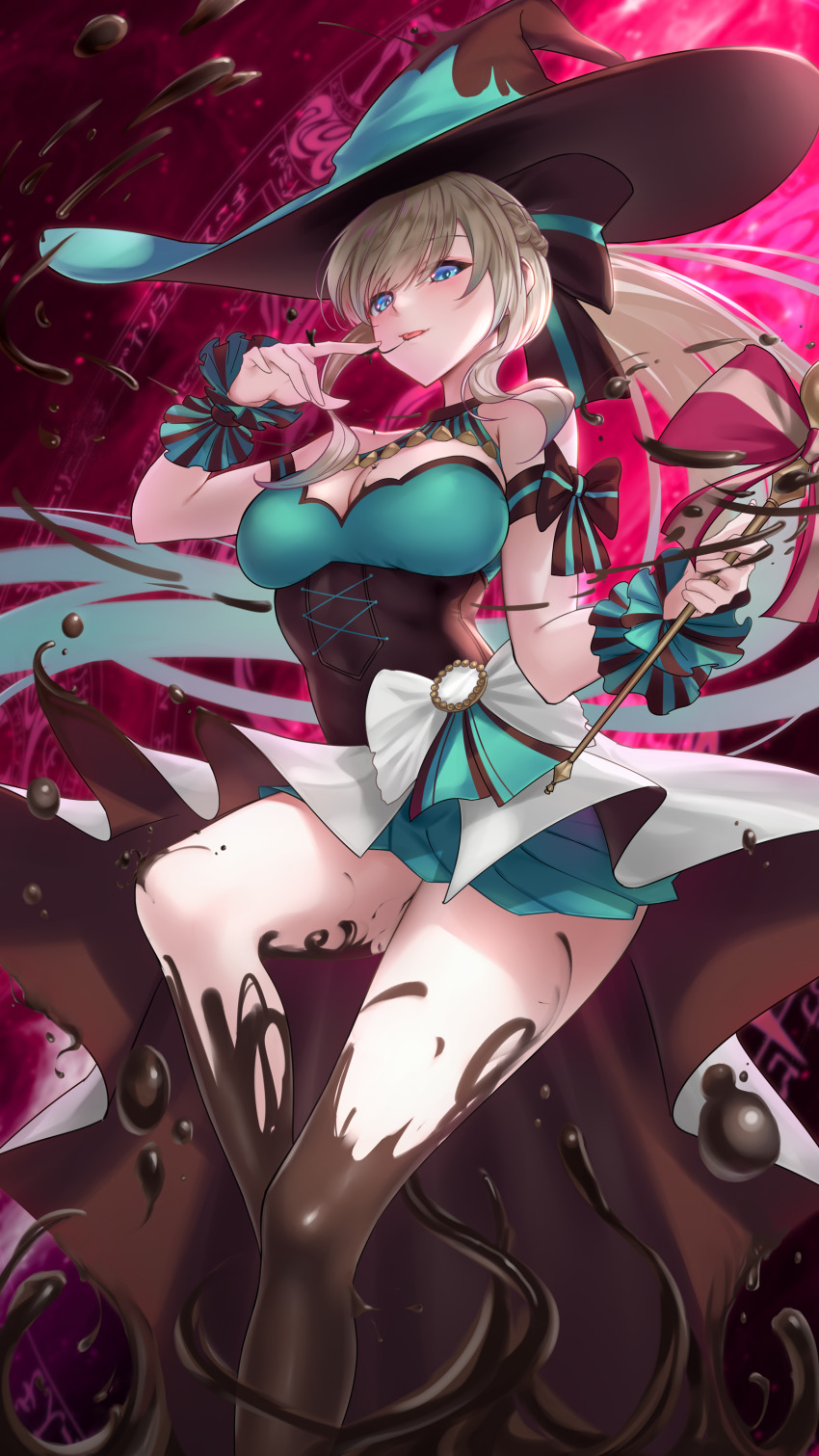 1girl, absurdres, alternate_costume, black_bow, blonde_hair, blue_eyes, blush, bow, breasts, chocolate, chocolate_on_body, chocolate_on_legs, cleavage, corset, fate/grand_order, fate_(series), finger_to_mouth, hair_bow, hat, highres, large_breasts, long_hair, magic_circle, miniskirt, mixed-language_commentary, morgan_le_fay_(fate), morgan_le_fay_(valentine_witches)_(fate), skirt, solo, somebody_(leiking00), thighs