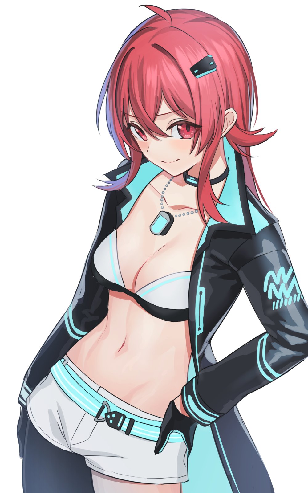 1girl, ahoge, akimikan_(2.5deciliter), aquarius_(symbol), belt, black_coat, black_gloves, bra