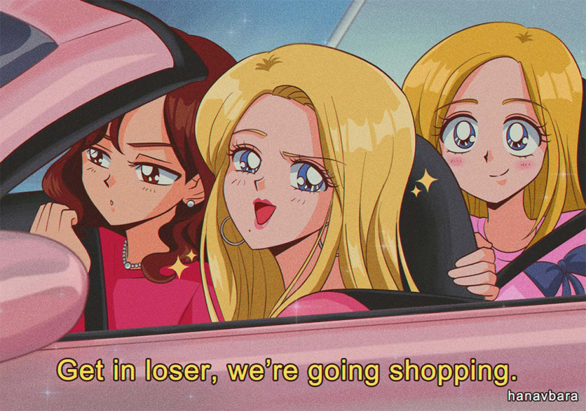 1990s_(style), 3girls, animification, artist_name, blonde_hair, blue_eyes, blush, car