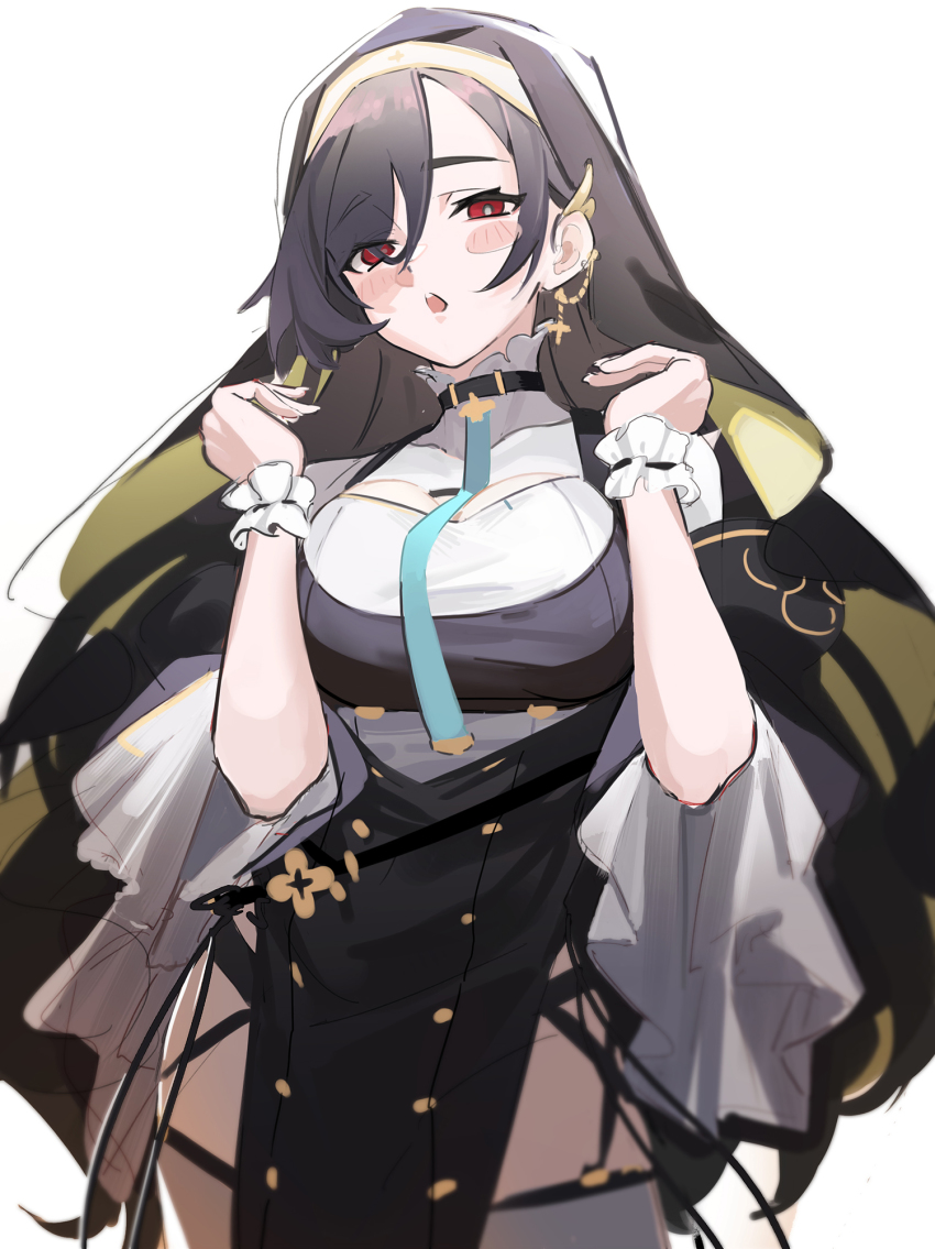 1girl, arms_up, asymmetrical_bangs, asymmetrical_hair, black_hair, blue_archive, blue_necktie, blush_stickers, breasts, cleavage_cutout, clothing_cutout, cowboy_shot, cross, cross_earrings, dazhangfu, earrings, frilled_cuffs, garter_belt, habit, hair_over_one_eye, highres, hinata_(blue_archive), jewelry, large_breasts, long_hair, looking_at_viewer, necktie, nun, nun_headdress, open_mouth, pelvic_curtain, simple_background, solo, thighhighs, white_background, wrist_cuffs
