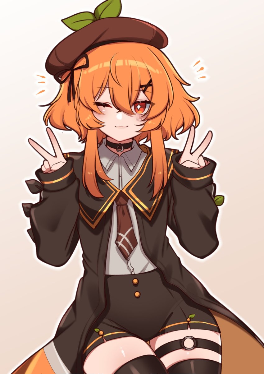 +_+, 1girl, :3, black_thighhighs, closed_mouth, double_v, hair_ornament, highres