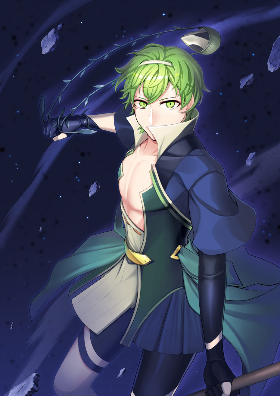 1boy, black_gloves, black_shorts, blue_background, covered_mouth, cowboy_shot, david_(fate), fate/grand_order, fate_(series), gloves, green_eyes, green_hair, hairband, highres, holding, holding_staff, itsumo_nemui, looking_at_viewer, male_focus, partially_fingerless_gloves, pectorals, popped_collar, shirt, shorts, slingshot_(weapon), solo, staff, white_hairband