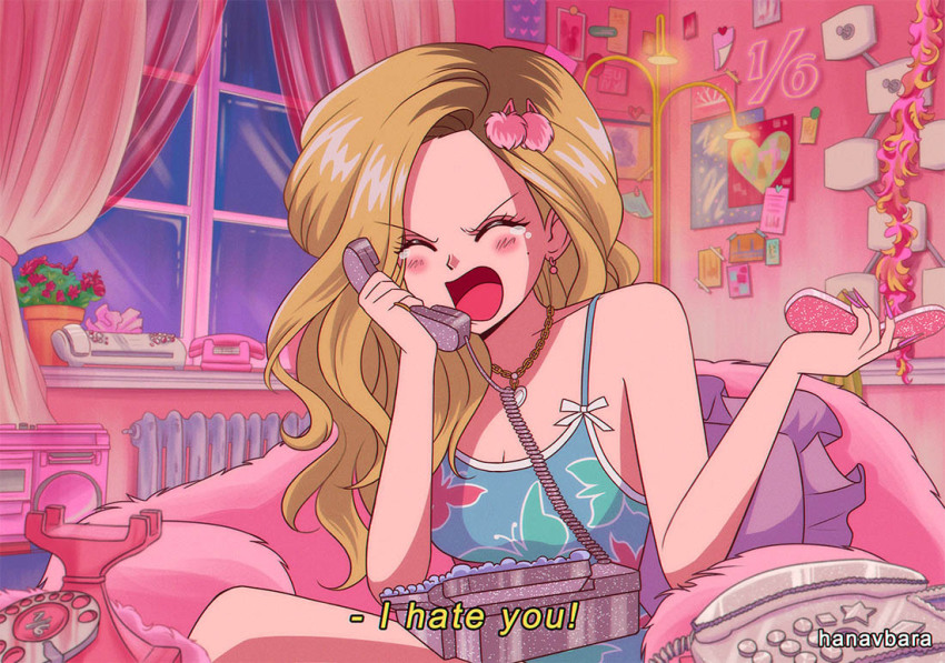 1990s_(style), 1girl, antique_phone, bedroom, blonde_hair, brown_hair, character_request, check_character, closed_eyes, earrings, hanavbara, holding, holding_phone, indoors, jewelry, long_hair, mole, mole_under_eye, multicolored_hair, nail_polish, open_mouth, phone, pink_nails, real_life, retro_artstyle, rotary_phone, solo, sunmi, window