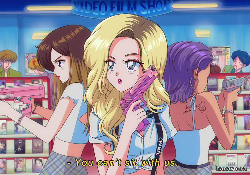 3girls, artist_name, blonde_hair, blue_eyes, blue_nails, brown_hair, character_request, copyright_request, earrings, green_nails, gun, hanavbara, handgun, heart, heart_earrings, holding, holding_gun, holding_weapon, indoors, jewelry, lips, long_hair, looking_away, mole, mole_under_eye, multicolored_hair, multiple_girls, nail_polish, pistol, real_life, short_hair, sunmi, weapon