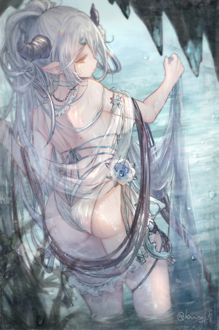 1girl, ass, bikini, choker, closed_mouth, commentary_request, cowboy_shot, day, draph, gamo_tako, granblue_fantasy, grey_hair, half_updo, hand_up, highres, horns, izmir, izmir_(summer)_(granblue_fantasy), lens_flare, long_hair, looking_at_viewer, looking_back, orange_eyes, parted_bangs, pointy_ears, see-through_clothes, solo, standing, swimsuit, thighs, twitter_username, water, wet, wet_clothes, white_bikini, white_choker
