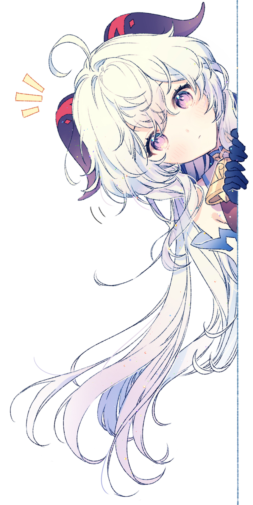 1girl, ahoge, bell, black_gloves, blue_hair, blush, closed_mouth, commentary