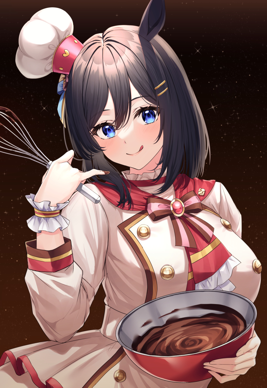 1girl, ;q, animal_ears, black_hair, blue_eyes, blush, bob_cut, bow