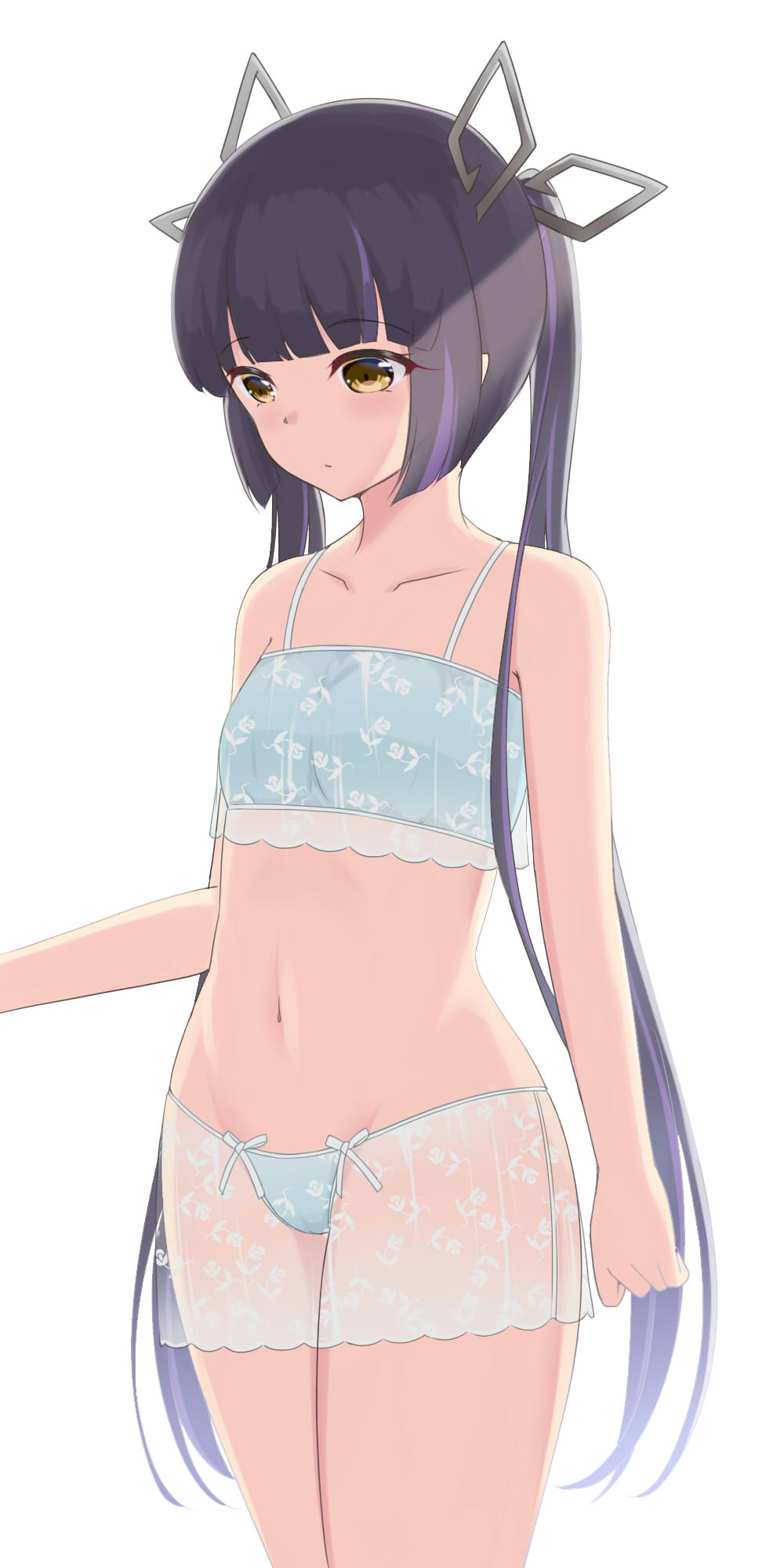 1girl, aitsugawa_rui, bikini, bikini_skirt, black_hair, blue_bikini, blunt_bangs, blush, breasts, commentary_request, cowboy_shot, demon_girl, demon_horns, expressionless, front-tie_bikini_top, front-tie_top, highres, horns, kojo_anna, long_hair, midriff, multicolored_hair, nanashi_inc., missing_tail, open_mouth, pointy_ears, purple_hair, simple_background, small_breasts, solo, swimsuit, thighs, twintails, two-tone_hair, virtual_youtuber, white_background, yellow_eyes