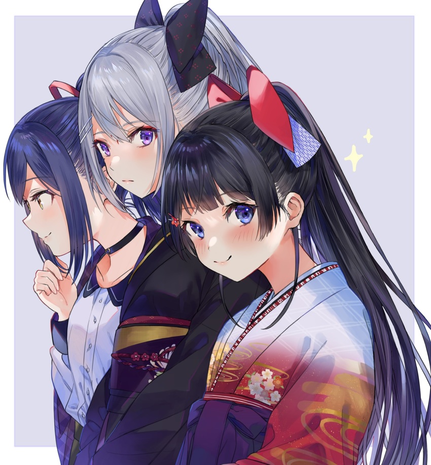 3girls, black_bow, black_choker, black_hair, black_kimono, blue_eyes, blue_hair, blush, bow, choker, from_side, hair_bow, highres, higuchi_kaede, higuchi_kaede_(oni), japanese_clothes, jk_gumi_(nijisanji), kimono, looking_at_another, looking_at_viewer, looking_to_the_side, multiple_girls, nijisanji, obi, official_alternate_costume, ponytail, purple_background, purple_eyes, red_bow, sash, shizuka_rin, shizuka_rin_(fall_casual), silver_hair, simple_background, tsukino_mito, tsukino_mito_(taishou_roman), virtual_youtuber, white_background, ya_ka_n, yellow_eyes