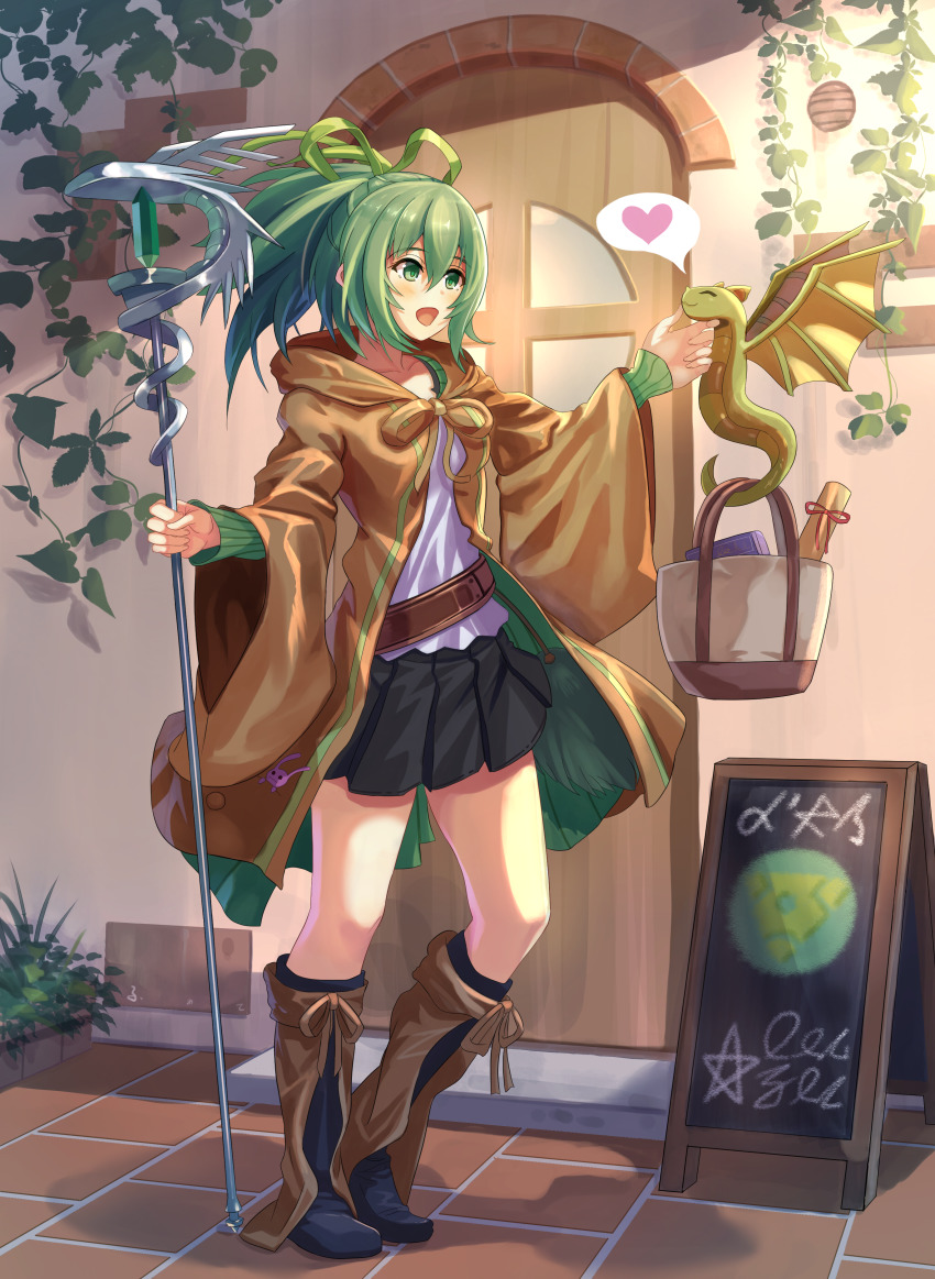 1girl, absurdres, blush, bow, breasts, brown_robe, crystal, dragon, duel_monster, closed_eyes, green_bow, green_eyes, green_hair, heart, highres, medium_breasts, open_mouth, outdoors, petit_dragon, ponytail, robe, seiyagasa, solo, speech_bubble, staff, stuffed_toy, wynn_the_wind_charmer, yu-gi-oh!