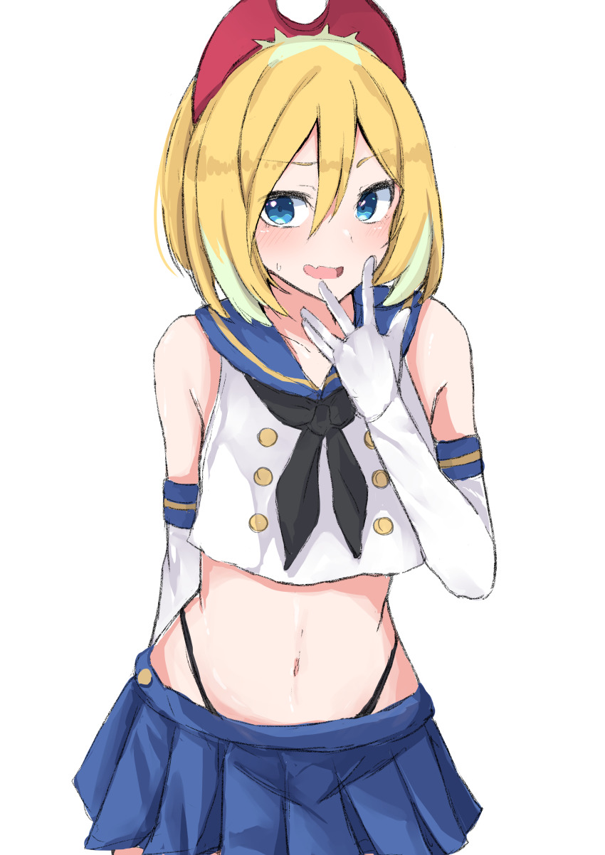1girl, absurdres, alternate_costume, black_neckerchief, blonde_hair, blue_eyes, blue_sailor_collar, blue_skirt, blush, commentary_request, cosplay, crop_top, gloves, hair_between_eyes, hairband, hand_up, highres, irida_(pokemon), kantai_collection, medium_hair, midriff, navel, neckerchief, nintendo, open_mouth, pleated_skirt, pokemon, pokemon_legends:_arceus, red_hairband, sailor_collar, shimakaze_(kancolle), shimakaze_(kancolle)_(cosplay), shirt, skirt, sleeveless, sleeveless_shirt, solo, sweatdrop, tongue, white_background, white_gloves, white_shirt, yozakura_rakuza