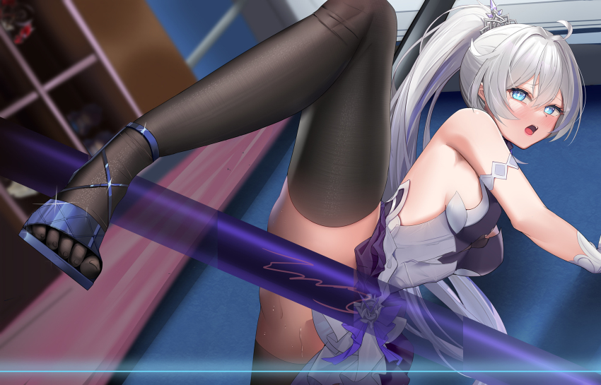 1girl, :o, bare_shoulders, black_thighhighs, blue_eyes, breasts, cleavage, curtains, dress, gloves, high_heel_sandals, high_heels, highres, honkai_(series), honkai_impact_3rd, indoors, kiana_kaslana, kiana_kaslana_(herrscher_of_flamescion), kiana_kaslana_(time_runner), long_hair, open_mouth, ponytail, sandals, solo, thighhighs, toes, white_dress, white_gloves, white_hair, window, zhongwu_chahui