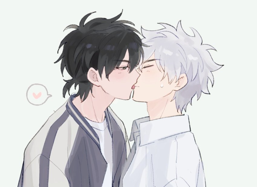 2boys, black_hair, blush, cheng_xiaoshi, closed_eyes, commentary, grey_jacket, half-closed_eyes, heart, jacket, kiss, kyokutsuki, lu_guang, male_focus, multiple_boys, open_clothes, open_jacket, open_shirt, shiguang_dailiren, shirt, short_hair, simple_background, spoken_heart, sweatdrop, tongue, tongue_out, white_background, white_hair, white_shirt, yaoi