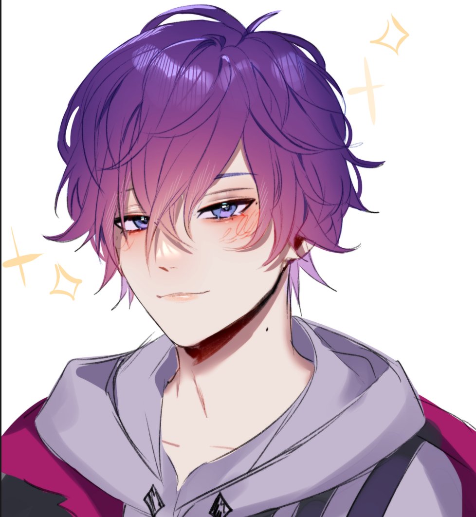 1boy, blue_eyes, blush, hood, hood_down, hoodie, kyaree, looking_at_viewer